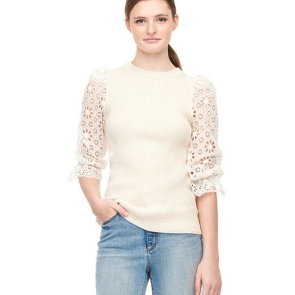 LIKE NEW- Rebecca Taylor Women's Eyelet Sleeve Sweater Ivory/White Size M - Picture 9 of 9